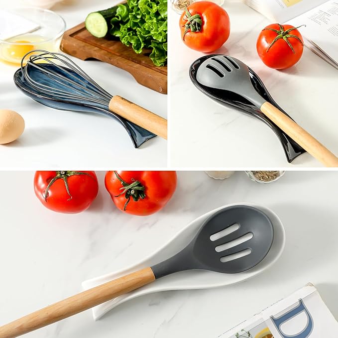 Ceramic Spoon Rest for Stove Top,Large 8.7 Inch Spoon Holder for Kitchen Counter,Porcelain Rest for Thankgiving and Christmas Gift,Dishwasher Safe and Heat-Resistant,White and Blue(2 PC)