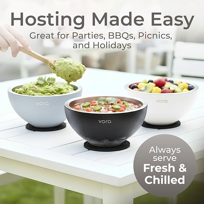 Vora 18oz Dip Chiller Bowl | 2 Pack Black Stainless Steel Chilled Dip Bowl for Dips, Guacamole, Hummus, Salsa | Insulated Serving Dishes with Easiest Water Fill & Refillable Chamber