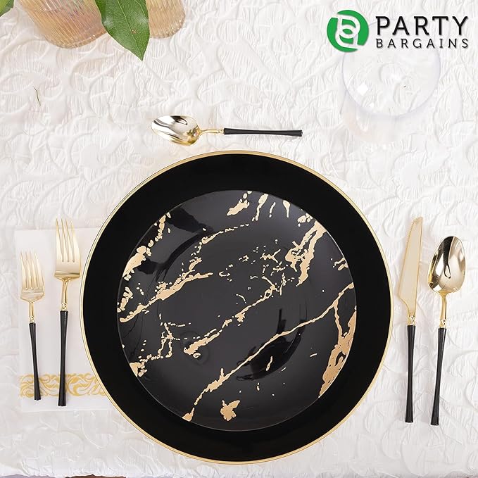 PARTY BARGAINS 13-Inch Charger Plates - 4 Pack, Organic Collection Black Gold Rim, Heavy-Duty Disposable Chargers for Elegant Dining - Ideal for Weddings and Formal Events