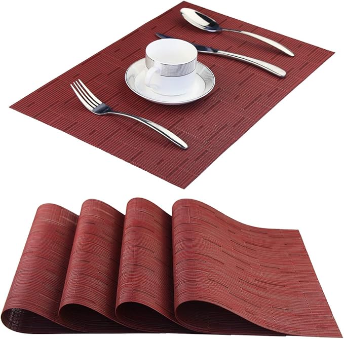 Vinyl Placemats,Washable Table Mats Easy to Clean Woven Placemats for Dining Table Set of 4 (Burgundy Red)