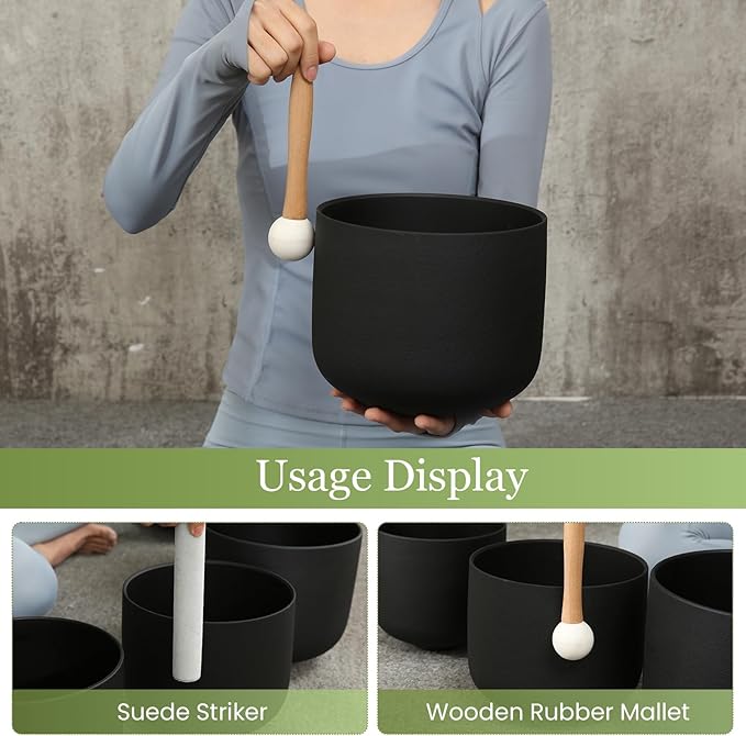 432HZ 7-11 Inch 3 Pcs Black Frosted Crystal Singing Bowl Set for Meditation Healing Yoga Chakra Quartz Crystal Sound Bowls with Heavy Duty Carry Cases and Rubber Mallet,Suede Striker,O-rings