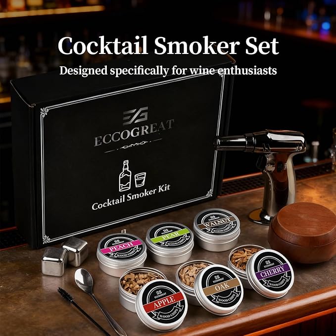 Whiskey Smoker Kit with Torch & 6 Flavors Wood Chips - Premium Bourbon Cocktail Smoker Set,Old Fashioned Drink Smoker Kit, for Men, Dad, Husband (Butane Not Included)