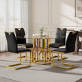 47.2" Round Glass Dining Table Set for 4, Modern 5 Piece Kitchen Table Set with Gold Stainless Steel Base & 4 PU Leather Accent Chairs, Saving Space, Dining Set for Apartment, Home - Black Chair
