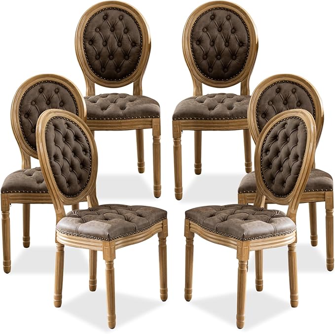 SoarFlash French Dining Chairs Set of 6, Vantage Dining Chair with Round Back, Farmhouse Country PU Leather Dining Chair for Kitchen,Bedroom,Brown