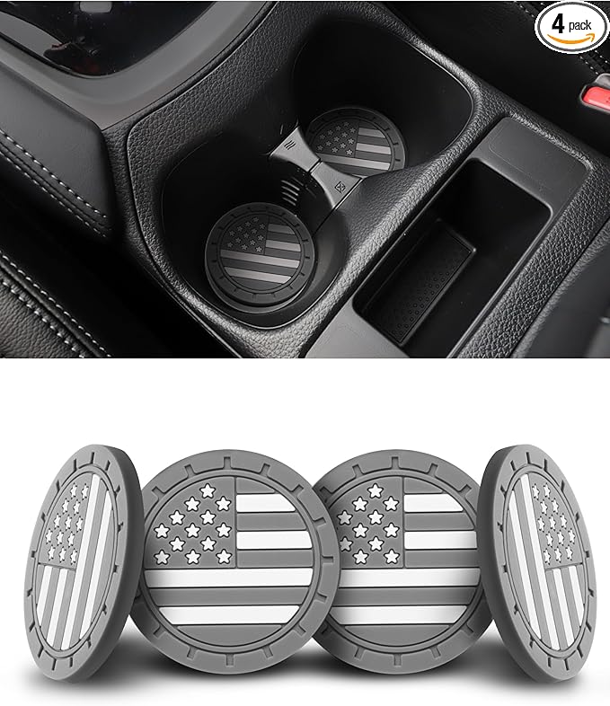4 Pack Car Cup Coasters, Universal American Flag Non-Slip Silicone Cup Holder Inserts, Car Interior Accessories, Grey
