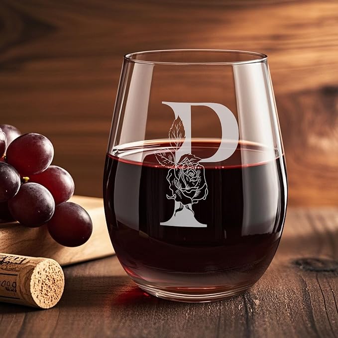 Valentines Day Gifts for Her, Gifts for Women Her Friend Mom Grandma Wife Sister Bridesmaid Nurse, Birthday Galentines Mothers Day Christmas, Personalized Initial Customized Wine Glasses 18OZ(P)