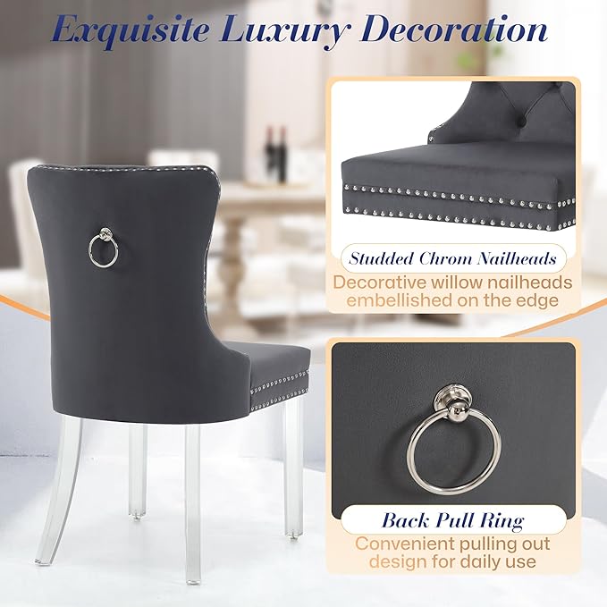 KCC Velvet Dining Chairs Set of 4, Upholstered Tufted Wingback Dining Room Chair with Nailhead Back Ring Pull Trim Solid Acrylic Legs, Contemporary Nikki Collection Style for Kitchen, Grey
