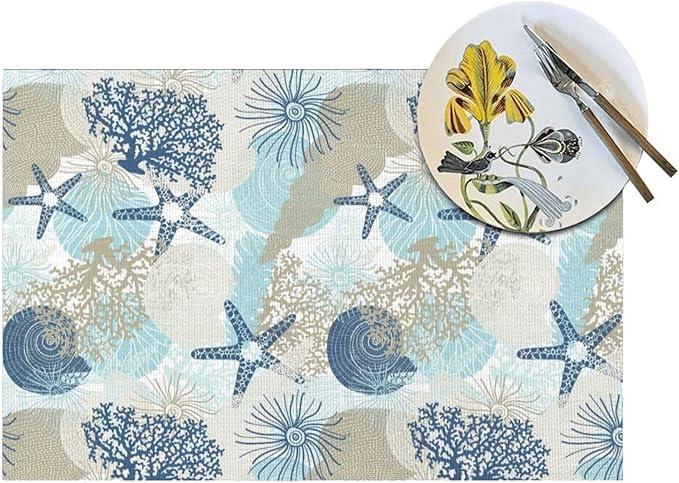 Placemats Set of 4 Aqua Blue Nautical Place Mats Coastal Beach Theme Coral Starfish Woven Table Mats Washable Blue Coral PVC Placemat for Dining Kitchen Decor Indoor Outdoor, 12 x 18 Inch