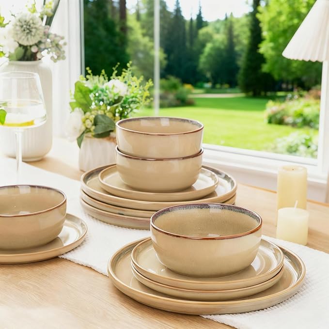 AmorArc Stoneware Dinnerware Sets,Round Reactive Ceramic Plates and Bowls Set,Highly Scratch Resistant | Dishwasher & Microwave Safe Dishes,Service for 4 (12pc)