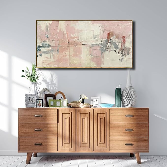 YJYart Living Room Decor Pink Canvas Wall Art 24"x 48"Abstract Wall Art White Canvas Picture Bedroom Decor Framed Artwork Large Paintings for Home Decor