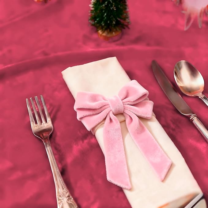 Bow Napkin Rings Set of 6 Luxury Soft Pink Velvet Napkin Holders, Elegant Bow Design for Christmas Holiday Dinner Wedding Party Table Decor