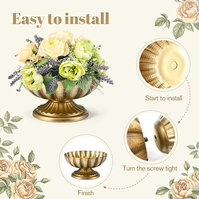 Set of 4, 7'' Wide 3.94'' High Distressed Gold Compote Pedestal Vases, Vintage Antique Urn Gold Flower vases for Centerpieces, Metal Compote Bowl Vase for Wedding Centerpieces