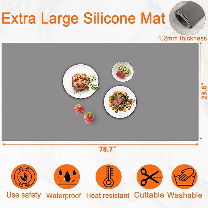 Extra Large Silicone Mat, 78.7''x23.6''(200cmx60cm) Large Heat Resistant Mats for Countertop, Waterproof Countertop Protector, Cuttable Kitchen Countertop Mat, Silicone Mat for Kitchen Island, Black