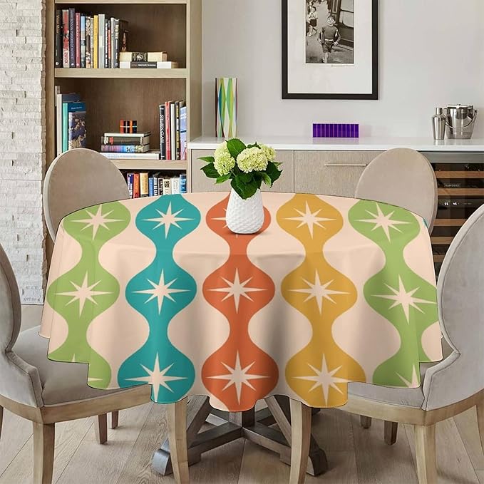 Mid Century Modern Round Tablecloth, Vintage Abstract Colorful Geometric Tablecloth for Home Party Dining Room Kitchen Decor 50Inch(127cm)