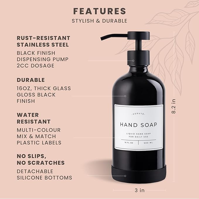 Hand and Dish Soap Dispenser for Kitchen and Bathroom, Set of 2 16 Oz Glass Bottles, Stainless Steel Pumps, Non-Slip Silicone Base, 27 Waterproof Labels (Gloss Black Bottle/Black Pump)