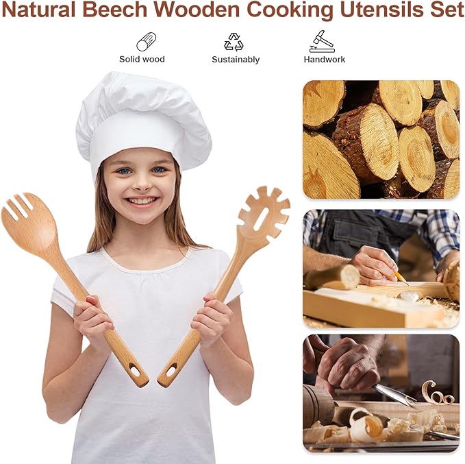 Wooden Cooking Utensils, 6 Pieces Natural Beech Wooden Spoons For Cooking with Unique Notch & Heat Resistant Design, Non-Stick Wood Kitchen Utensil Set with Hanging Hole for Kitchen Essentials