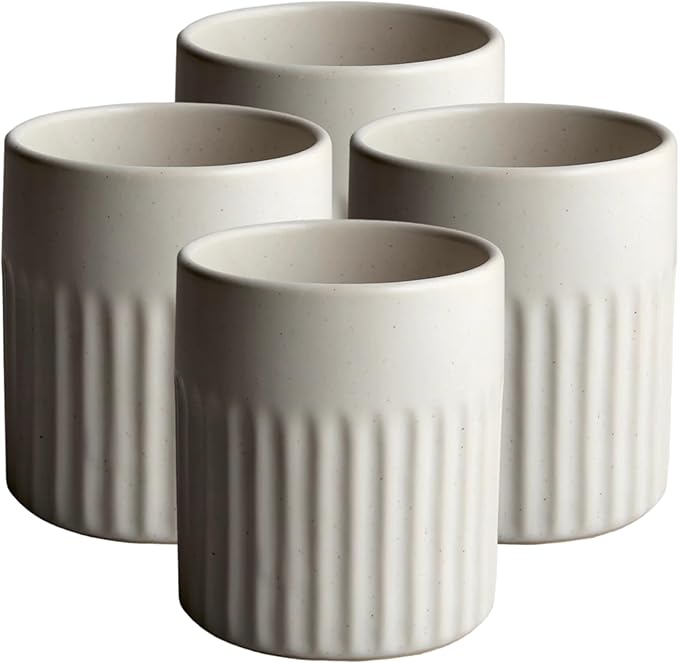 Goodies White Ribbed Water Cups (Set of 4), Handmade Ceramic, Glazed, Dishwasher Safe, Microwave Safe, Secure Grip, Ergonomic Shape, Modern, 9 oz