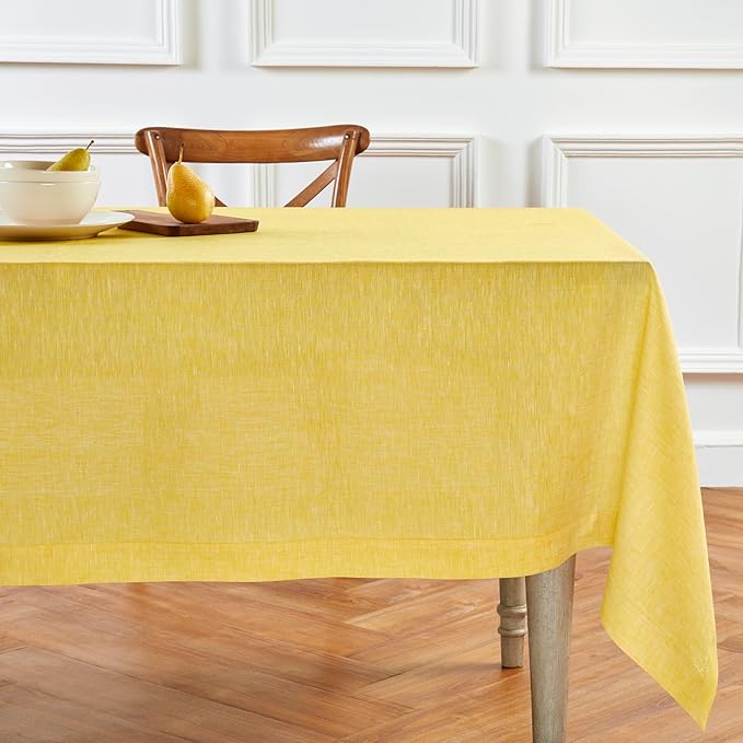 Solino Home Linen Tablecloth 60 x 90 Inch - 100% Pure Linen Chambray Lemon Yellow Table Cloth for Rectangular Tables - Athena, Machine Washable Cloth Tablecloth for Spring, Easter