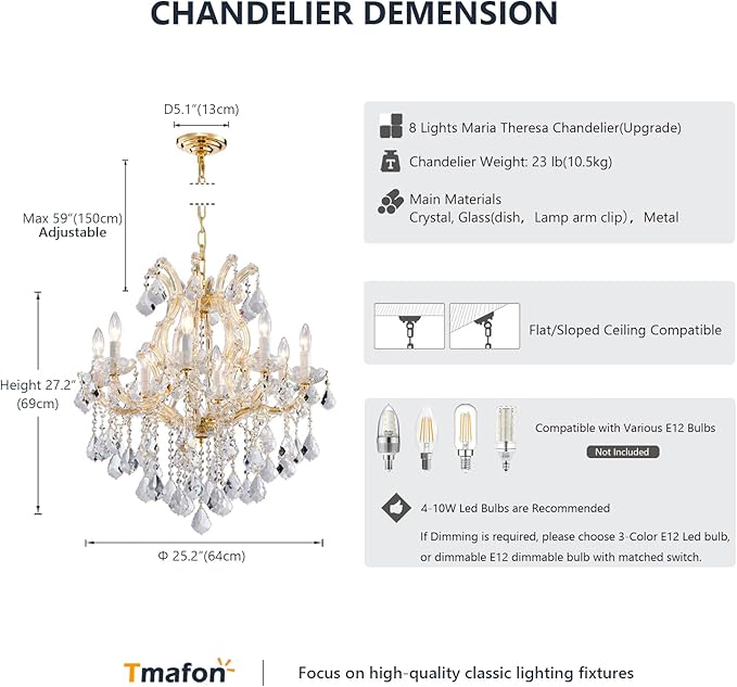 Modern Gold Chandelier Light Fixtures - 8 Lights Luxury Crystal Chandeliers for Dining Room, Kitchen Island, Living Room, Bedroom