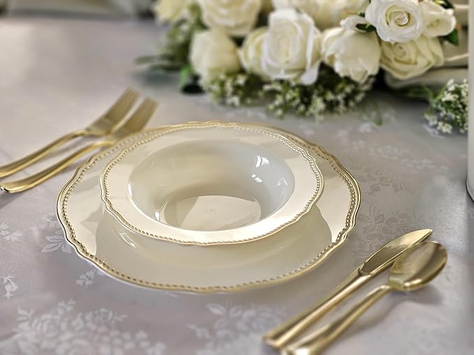 " OCCASIONS " 50 Plates Pack (25 Guests)-Heavyweight Wedding Party Disposable Plastic Plate Set -25 x 10.25'' Dinner + 25 x 7.5'' Salad/dessert plates (Rochelle Ivory and Gold)