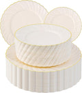 U-QE 100 Piece Ivory Scalloped Plastic Plates for Party with Gold Rim - Plastic Party Plates Disposable Heavy Duty - High End Disposable Plates Include 50pcs Dinner Plates 9"&50pcs Dessert Plates 6.5"