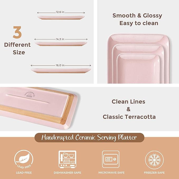 AmorArc Ceramic Serving Platter,Rectangular 16"/14.3"/12.6" inch Serving Dishes for Party Entertaining,Stoneware Serving Trays for Turkey,Salad,Microwave&Dishwasher Safe,Set of 3 -Cloud Pink