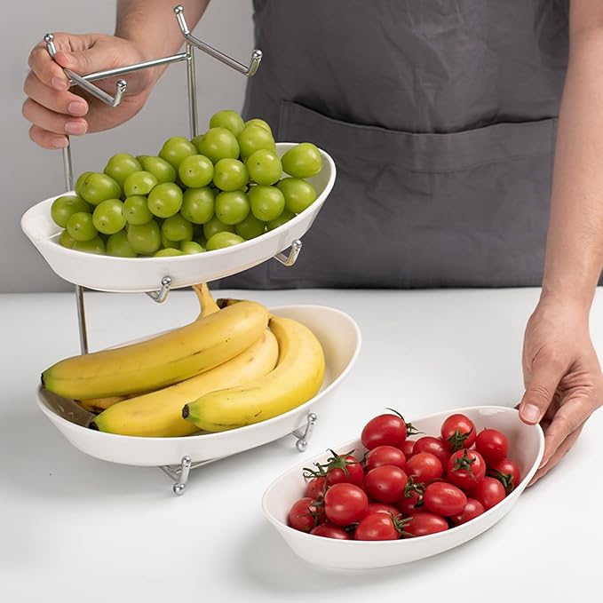 Fruit Bowl Basket for Kitchen Counter, 3 Tier Ceramic Serving Bowls with Metal Stand, Tiered Fruit Basket for Fruit, Vegetable, Snack, Nuts, Serving Tray Set for Entertaining