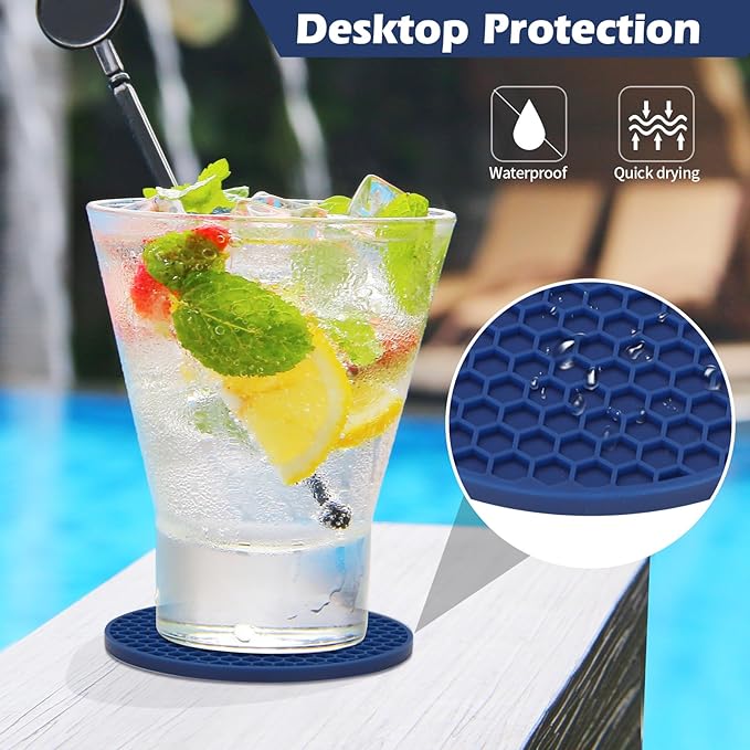 Silicone Coasters Set of 8 Holder,Coasters for Drinks,Beer,Coffee Coasters,Suitable for Kinds Cups,Hot or Cold,Anti-SLI,Non-Stick,Anti-Overflow Tabletop Protection and Decor (12 Pcs, Navy Blue)