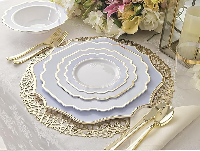 " OCCASIONS " 50 Plates Pack (25 Guests)-Heavyweight Wedding Party Disposable Plastic Plate Set -(25x10.5'' Dinner + 25x8'' Salad/dessert (Imperial in White/Blue & Gold)