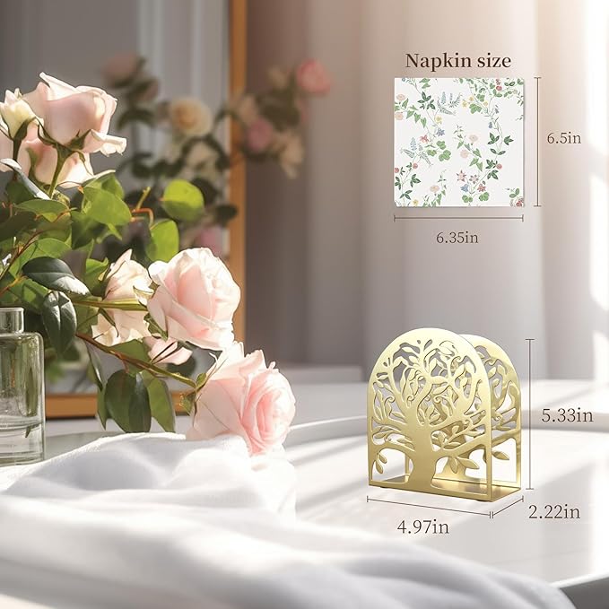 Tree of Life Gold Metal Napkin Holder, Upright Metal Tabletop Napkin Holder with Cushioned Base for Kitchen & Dining Table.