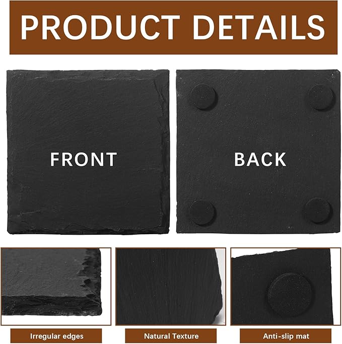 24 PCS Slate Coasters Black Square 4 Inch Bulk Rock, Blank Laser Engraving, Scratch Resistant Bottom, Home Office Kitchen Gift Wedding Bar Party