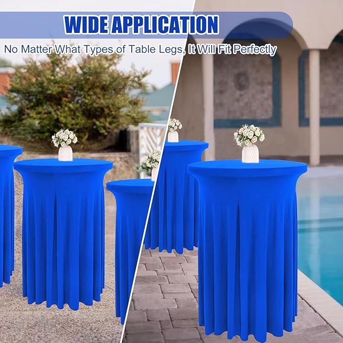 4 Packs 32 x 43 Inch Spandex Round Cocktail Table Skirts Spandex Cocktail Table Covers with Wavy Drapes Stretch Cocktail Tablecloth Fitted High Top Tables for Wedding Bar Party Banquet (Royal Blue)