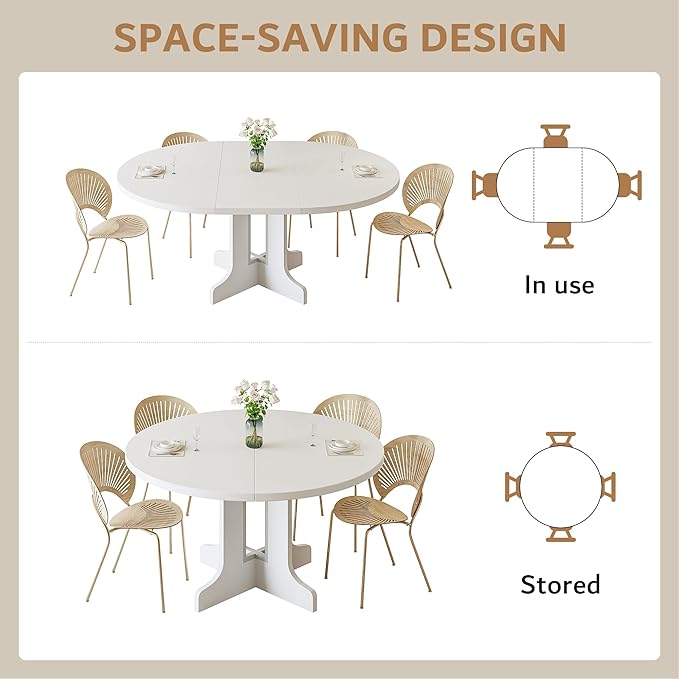 iPormis 59" Round Extendable Dining Table for 4-6, Modern Kitchen Table with Heavy Duty Pedestal Base & Wooden Top, Oval Dining Room Table for Dining Living Room, Easy Assembly, White