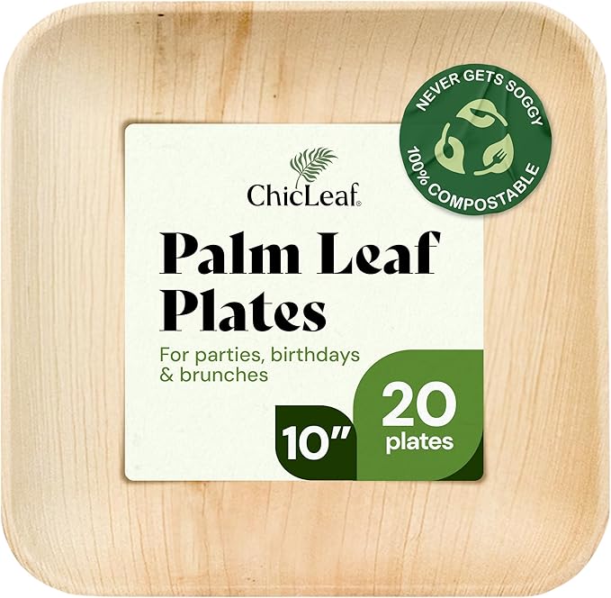 Chic Leaf Palm Leaf Disposable Bamboo Plates – Square, Biodegradable & Compostable Party Plates for Weddings, Parties & Events, Romantic Table for Valentine's Day Dinner (10", 20 Pack)