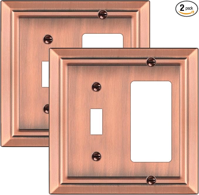 Metal Wall Plate for Electrical Outlets, Decorative Antique Copper Switch Plates Outlet Cover, Light Switch Cover Plate, 2-Gang Wall Plates (Toggle/Decorator, 2 Pack)