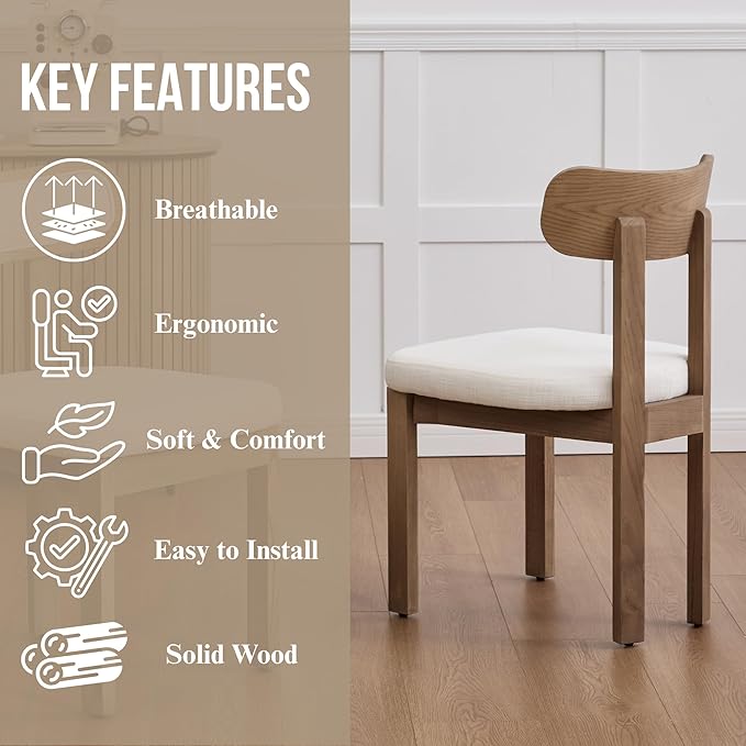 Beige Dining Chairs Set of 6, Mid Century Modern Linen Dining Room Chairs with Curved Back, Armless Kitchen Chairs for Living Room/Restaurant/Balcony/Bedroom/Home Desk/Task
