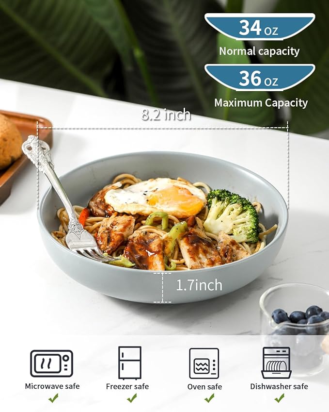 Pasta Bowls – Large Serving Bowls, 34oz Ceramic Plates Set of 2 for Salad, Pasta, Dishes – Microwave Safe, Cooking， Family Dinners, Couples & Parties，Grey