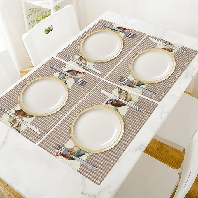 Rustic Rooster Placemat Set, Vintage Boho Farmhouse Colorful Watertcolor Chicken Pink Plaid Pattern Home Decor Table Mats for Dining Room Kitchen Party (17x12in) x2P