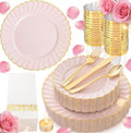 YOUBET 175PCS Pink Scalloped Plastic Plates - Gold Disposable Dinnerware Set Include 50 Plates, 75 Gold Silverware, 25 Cups, 25 Napkins for Party & Wedding & Baby Shower Valentines Day