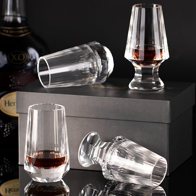 KAMMAK Crystal Whiskey Glasses Set of 2, Handcrafted Shot Glasses Stemless, 3.38oz Hand Blown White Cocktail Glasses, Engagement Gifts for Couples, Women, Men