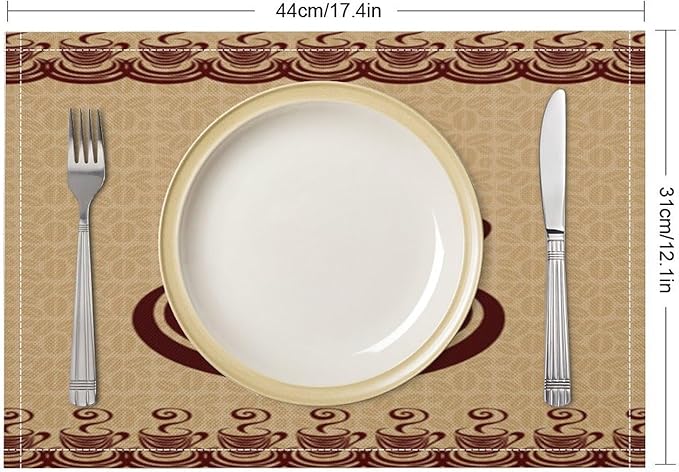 Vintage Coffee Theme Placemat Set, Minimal Rustic Farmhouse Brown Beige Geometric Coffee Cup Beans Seamless Pattern Home Decor Linen Table Mats for Dining Room Kitchen Party (17x12in) x2P