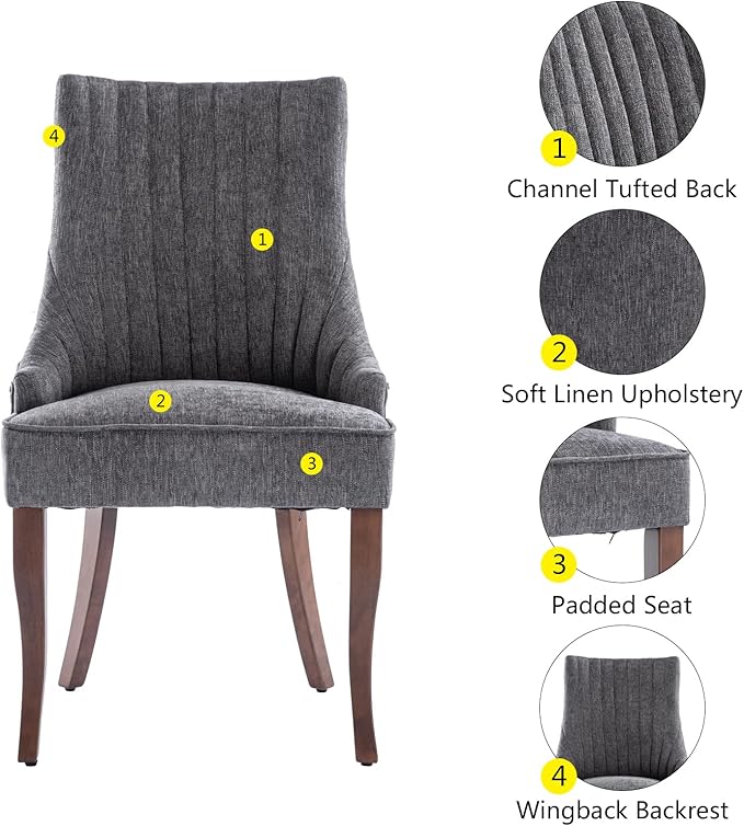 mikibama Linen Dining Chairs Set of 2 Channel Tufted Kitchen Dinner Chair Comfy Fabric Upholstered Accent Chair for Dining Room with Solid Wood Legs (Grey)