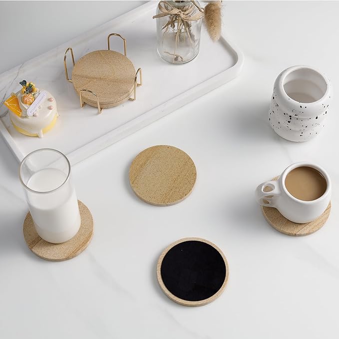 Absorbent Coasters Set of 6, Desert-Like Patterns Natural Sandstone Coaster with Holder for Coffee Table Decor, Rustic Stone Drink Coasters with Velvet Backing, Made from Australian Sandstone