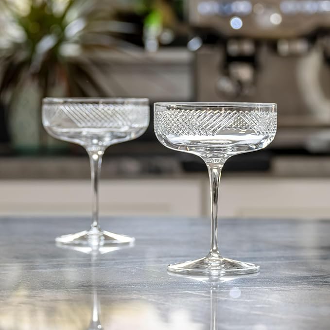 Rolf Glass Bourbon Street Coupe Cocktail Glass | Set of 2, 10.25oz Champagne or Cocktail Glasses | Lead-Free and Diamond-Wheel Engraved | Designed and engraved in the USA