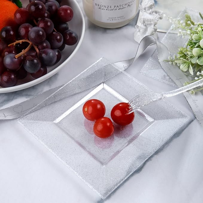 DaYammi 200Pcs Dessert Plates Set Including:100Pcs Cake Plates 6" with 100Pcs Silver Forks 5.7"- Silver Glitter Disposable Square Plate,Appetizer Plates and Forks Combo Bulk Set for Party Wedding