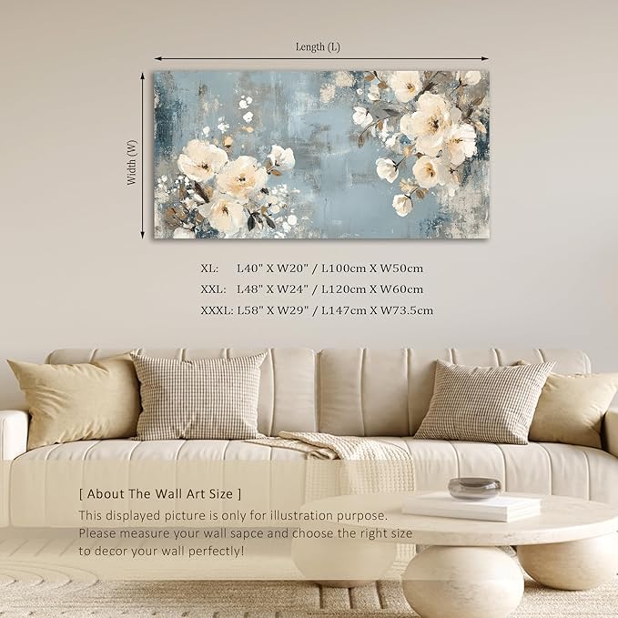 ADJUVANT Wall Art Vintage Floral 60" L x 30" W, Creamy Flowers On Distressed Blue Background Canvas Painting Blossoms Artwork Prints Floral Wall Decor for Living Room Bedroom Dining Room Home Office