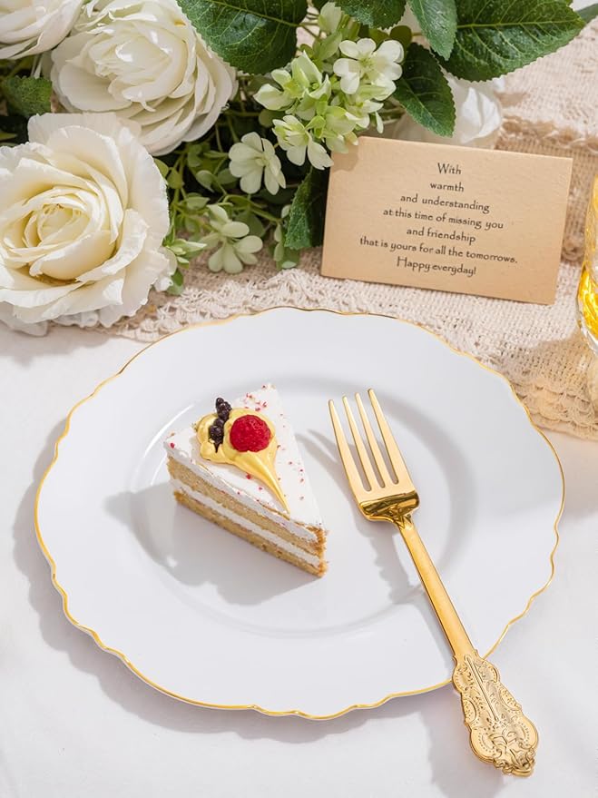 WDF 60pcs Gold Dessert Plates-7.5inch Baroque White and Gold Small Plastic Plates/Disposable Dessert/Salad/Appetizer Plastic Plate for Upscale Bridal Shower/Wedding/Birthday