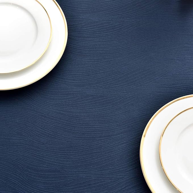maxmill Jacquard Table Cloth Waving Pattern Water Resistant Wrinkle Resistance Heavy Weight Soft Tablecloth for Kitchen Dinning Tabletop Decoration Oblong 60 x 140 Inch Navy Blue