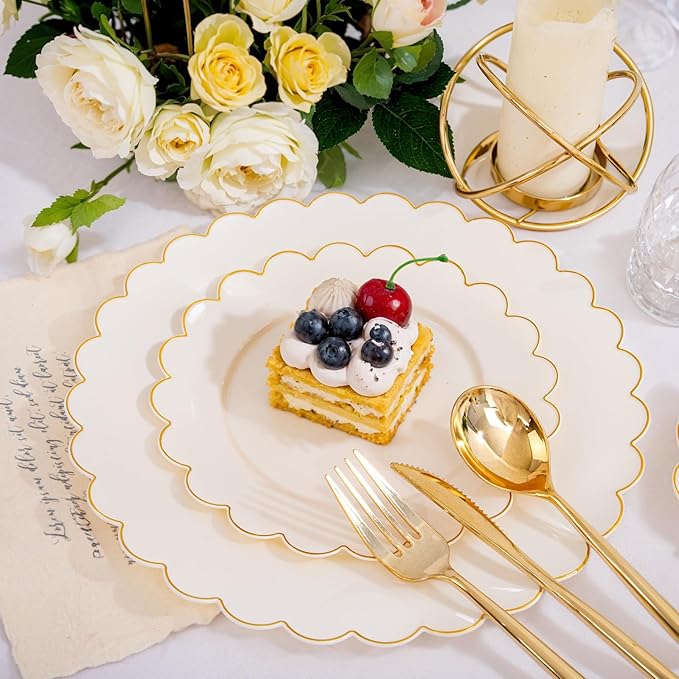LIYH 210 Pcs Ivory Plastic Plates Scalloped Plastic Plates Disposable Dinnerware Set Cream Gold Scalloped Plate Include Plate Gold Silverware Napkins Cup for Birthday Valentine's Day 30 Guests