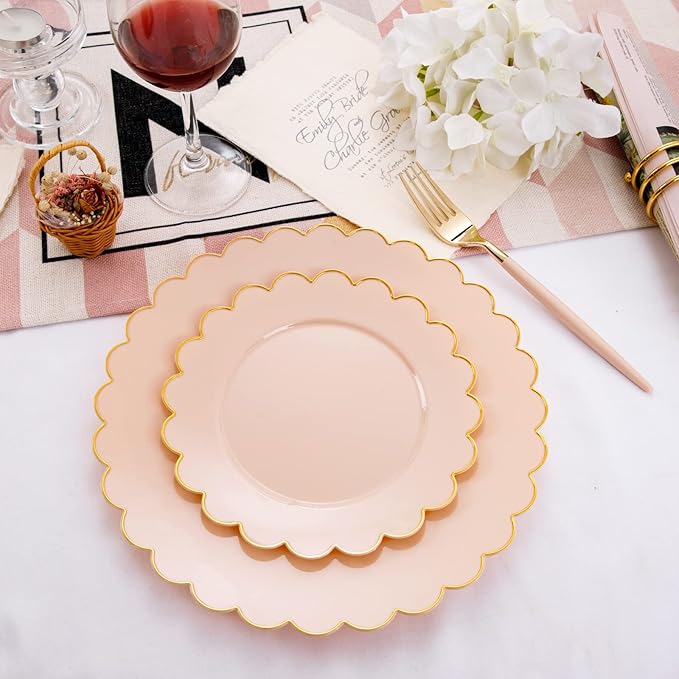 LIYH 60 Pcs Pink Plastic Plates with Gold Disposable Plates Includes: 30 Dinner 10.25" and 30 Dessert Plate 7.5" Gold Plastic Baby Shower Plate Set